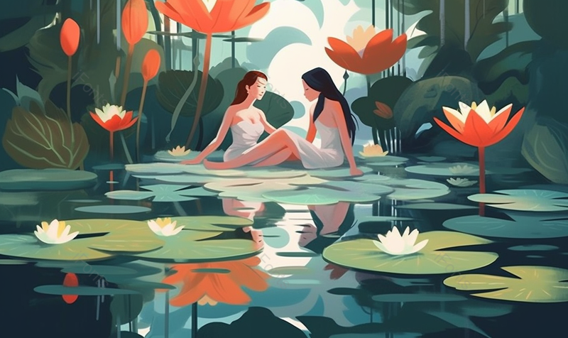 绿色夏天池塘荷叶荷花和两个女孩背景,插画/手绘图,插画/手绘图库,插画/手绘图下载,插画/手绘